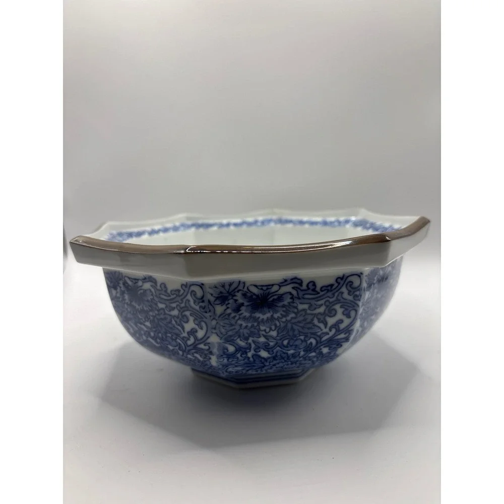 Vintage Japanese Blue and White Octagonal Porcelain Floral Bowl chinoiserie